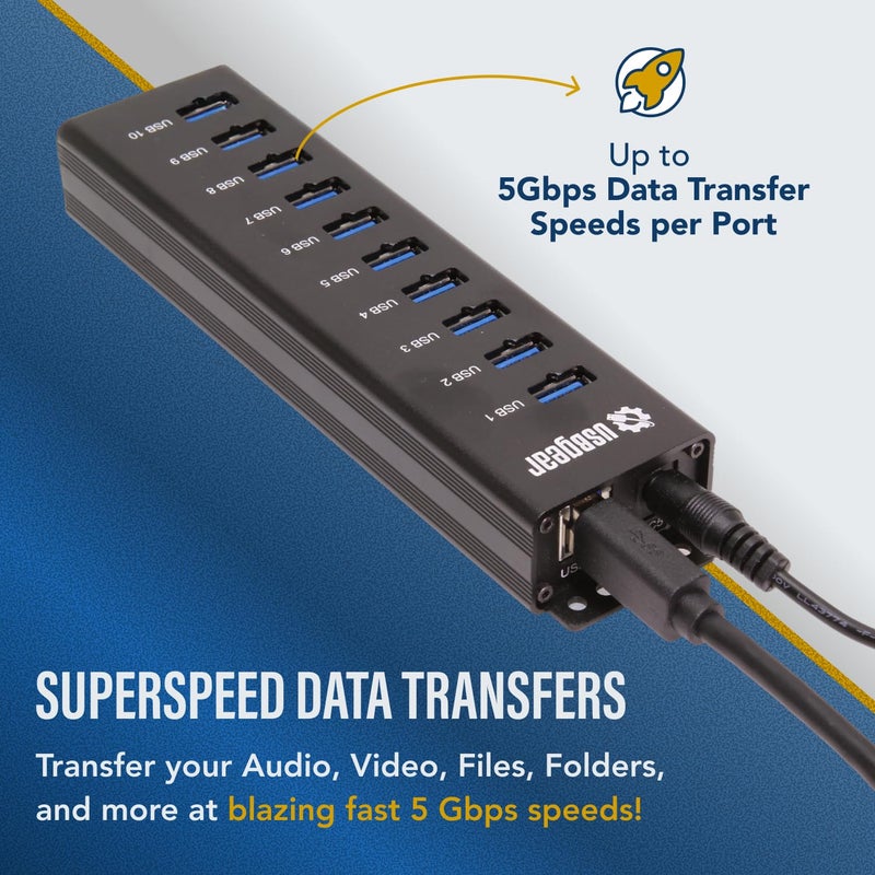 USBGear 10-Port USB 3.2 Gen 1 Mountable Charging and SuperSpeed Data Hub with 5V/4A Power Adapter and USB Type-A to Type-B Cable Up to 900mA per Port Charging Function Wall and Surface Mounting - Image 5